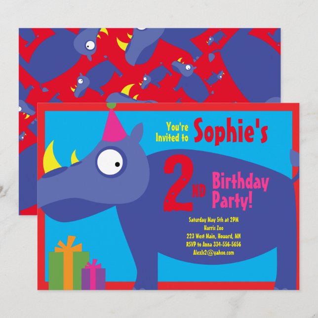 Rhino Animal Kid's Birthday Party Invitations (Front/Back)
