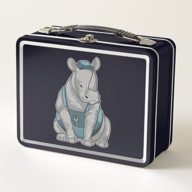 Rhino as Craftsman with Wrench Metal Lunch Box (Front)