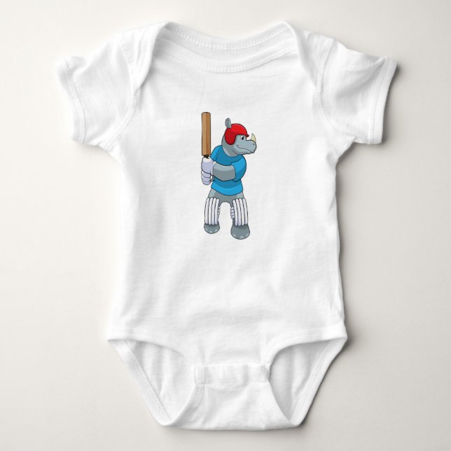 Rhino at Cricket with Cricket bat Baby Bodysuit (Front)
