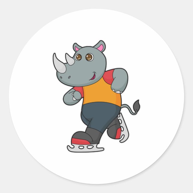 Rhino at Ice skating with Ice skates Classic Round Sticker (Front)