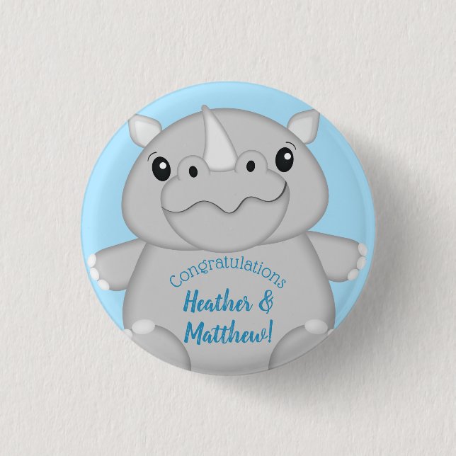 Rhino Baby Shower Safari Blue 3 Cm Round Badge (Front)