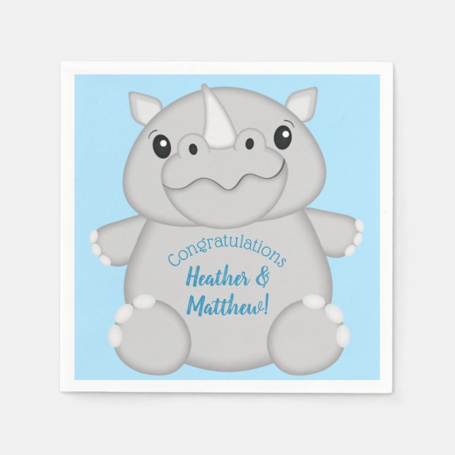 Rhino Baby Shower Safari Blue Napkin (Front)