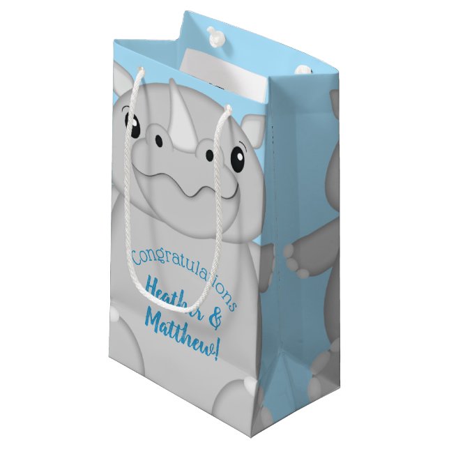 Rhino Baby Shower Safari Blue Small Gift Bag (Front Angled)