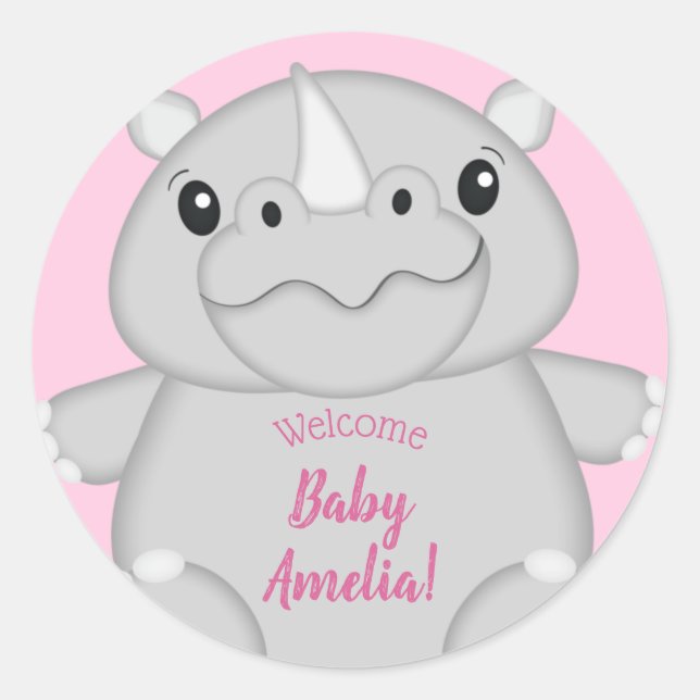 Rhino Baby Shower Safari Pink Girl Classic Round Sticker (Front)