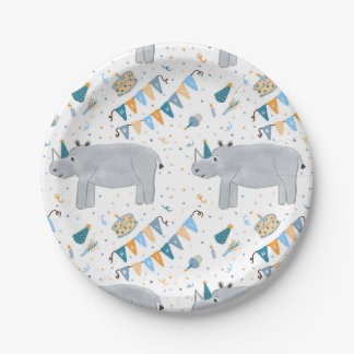 Rhino Birthday Party Paper Plates, 7" Paper Plate