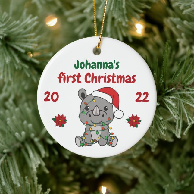 Rhino Christmas Winter Babys first Christmas Ceramic Ornament (Tree)