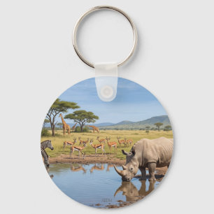 Rhino Drinking At Waterhole In Savanna Photo Enlar Key Ring