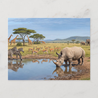 Rhino Drinking At Waterhole In Savanna Photo Enlar Postcard