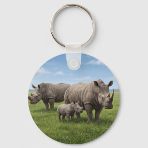 Rhino Family Walking In Green Savanna Photo Enlarg Key Ring