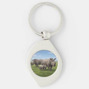 Rhino Family Walking In Green Savanna Photo Enlarg Key Ring