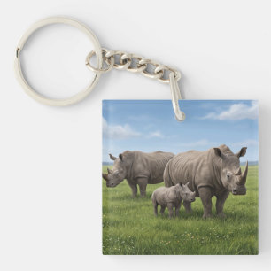 Rhino Family Walking In Green Savanna Photo Enlarg Key Ring