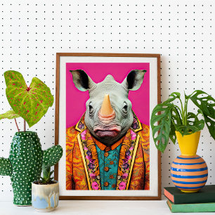Rhino in Funky Suit Portrait Animal Fashion Art  Poster