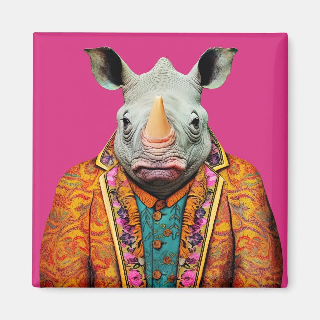 Rhino in Funky Suits Animal Fashion Art Pink Magnet (Front)