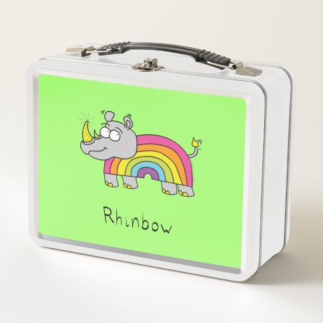 Rhino Rainbow Cute Kids Rhinoceros Metal Lunch Box (Front)