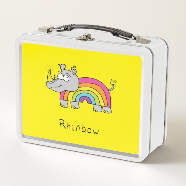 Rhino Rainbow Cute Kids Rhinoceros Metal Lunch Box (Front)