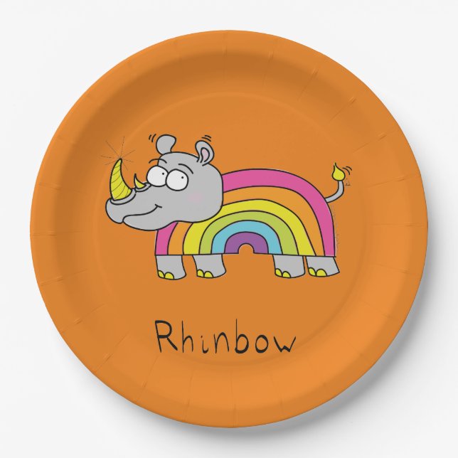 Rhino Rainbow Cute Kids Rhinoceros Paper Plate (Front)