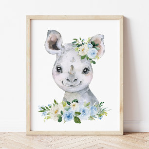 Rhino, Safari, Jungle, Blue Flowers, Boy Nursery Poster
