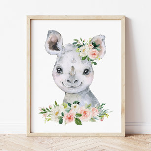Rhino, Safari, Jungle, Pink Flowers, Girl Nursery Photo Print