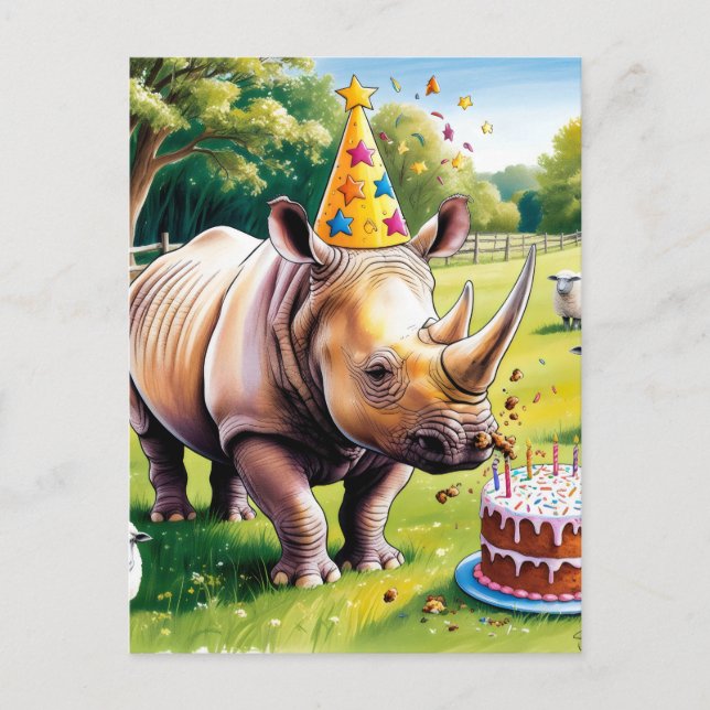 Rhino wearing birthday hat in the english country  postcard (Front)