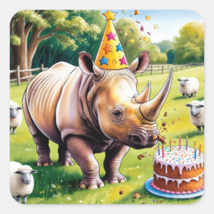 Rhino wearing birthday hat in the english country  square sticker