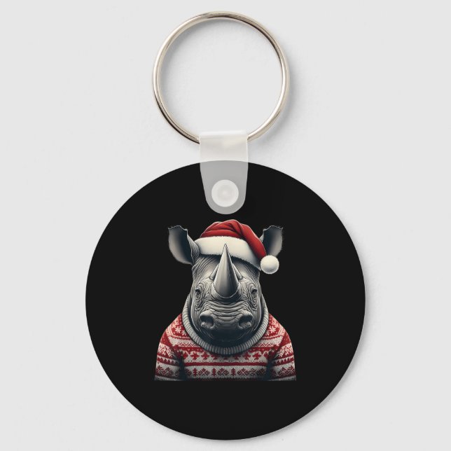 Rhino With Santa Hat Christmas Safari Xmas Rhinoce Key Ring (Front)