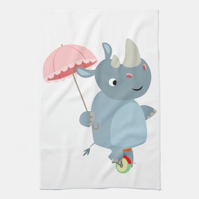 Rhino With Umbrella on Unicycle Kitchen Towel (Vertical)