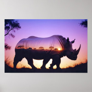Rhinoceros Double Exposure Animal Nature Forest Poster