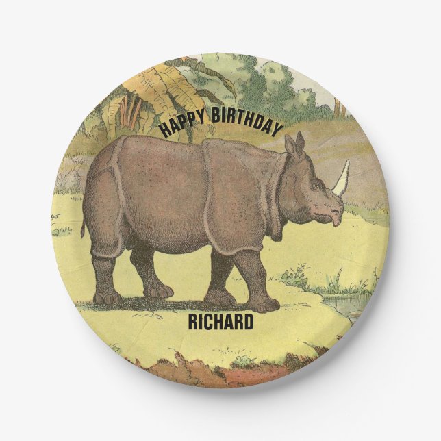 Rhinoceros Happy Birthday Party Paper Plate (Front)