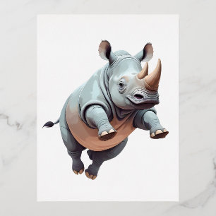 Rhinoceros Happy Playful Fun Jumping In The Air Foil Holiday Postcard
