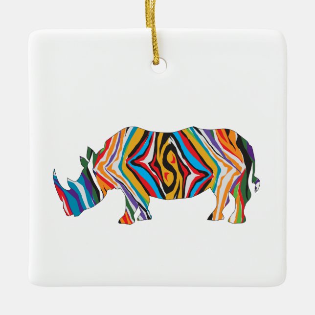 Rhinoceros in a Psychedelic Zebra Pattern Ceramic Ornament (Front)