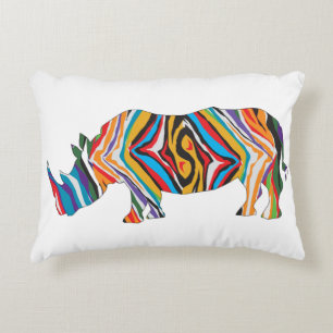 Rhinoceros in a Psychedelic Zebra Pattern Decorative Cushion