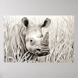 Rhinoceros Peaceful Nature Prairie Sketch Drawing Poster
