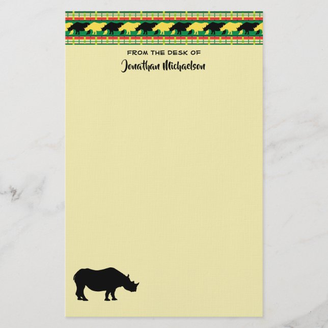 Rhinoceros Safari Weave Pattern Personalised Stationery (Front)