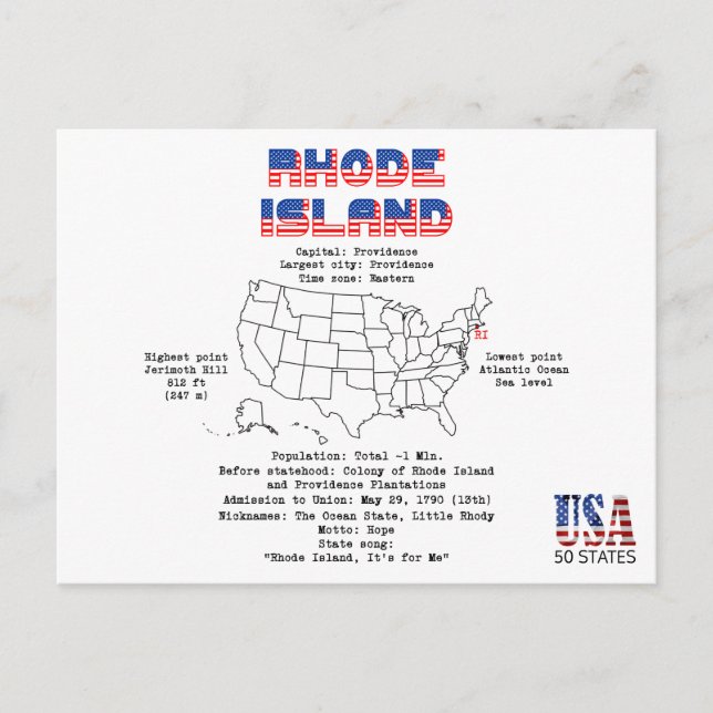 Rhode Island American state on a map and details Holiday Postcard (Front)