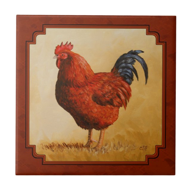 Rhode Island Chicken Red Background Tile (Front)
