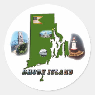 Rhode Island Map, Photos and Text Classic Round Sticker