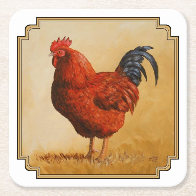 Rhode Island Red Rooster Chicken Square Paper Coaster (Front)