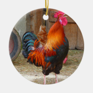 Rhode Island Red Rooster Crowing in Barnyard Ceramic Tree Decoration