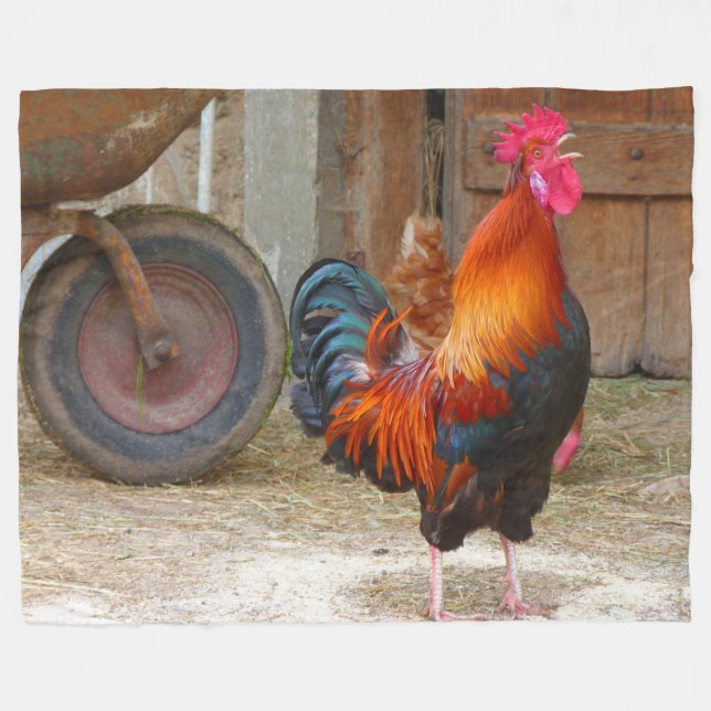 Rhode Island Red Rooster Crowing in Barnyard Fleece Blanket (Front (Horizontal))