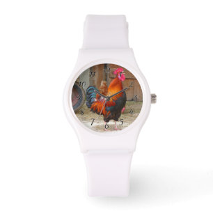 Rhode Island Red Rooster Crowing in Barnyard Watch