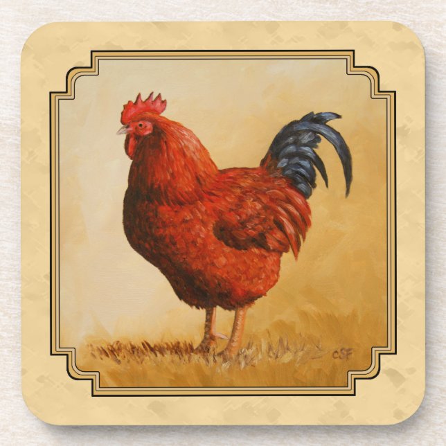 Rhode Island Red Rooster Yellow Background Coaster (Front)