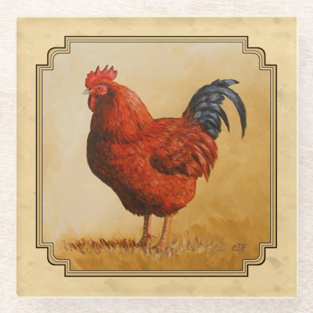 Rhode Island Red Rooster Yellow Background Glass Coaster (Front)