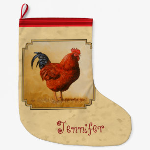 Rhode Island Red Rooster Yellow Background Large Christmas Stocking