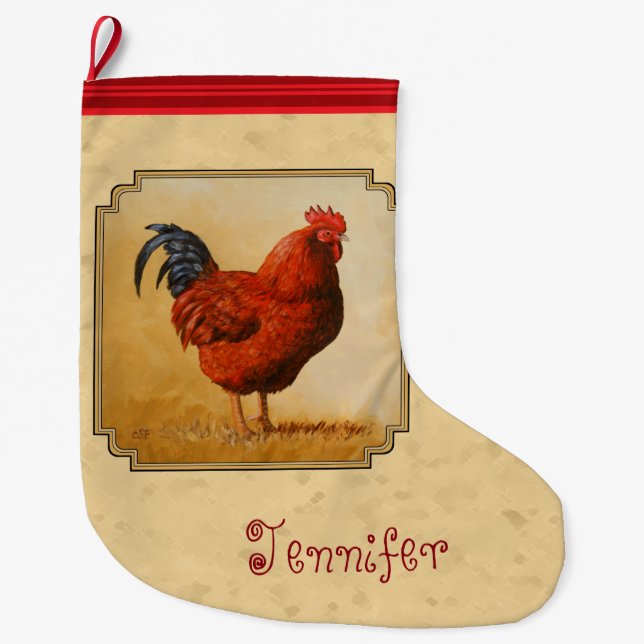 Rhode Island Red Rooster Yellow Background Large Christmas Stocking (Front)