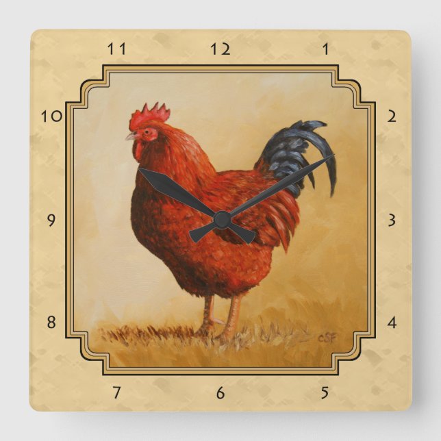Rhode Island Red Rooster Yellow Background Square Wall Clock (Front)