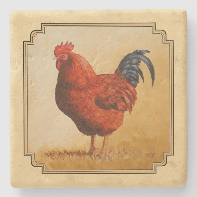 Rhode Island Red Rooster Yellow Background Stone Coaster (Front)