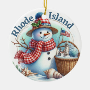 Rhode Island Snowman Winter Christmas Tree Ceramic Ornament