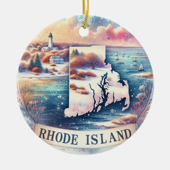 Rhode Island Snowy Winter Christmas Tree Ceramic Ornament (Front)