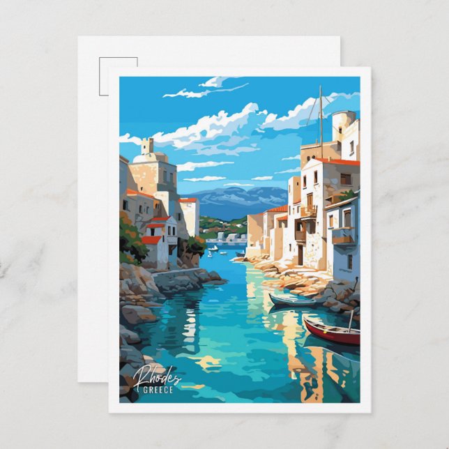 Rhodes Greece Art Vintage Travel Illustration Postcard (Front/Back)
