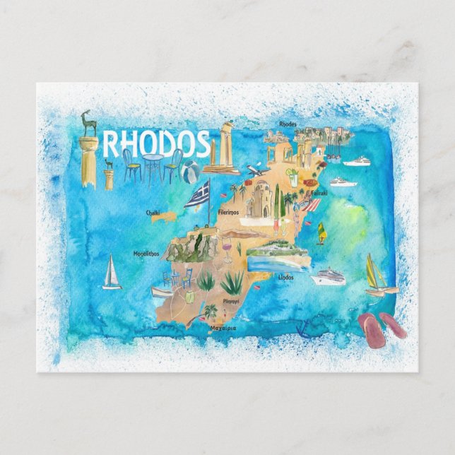 Rhodes Greece Illustrated Map with Landmarks Postcard (Front)
